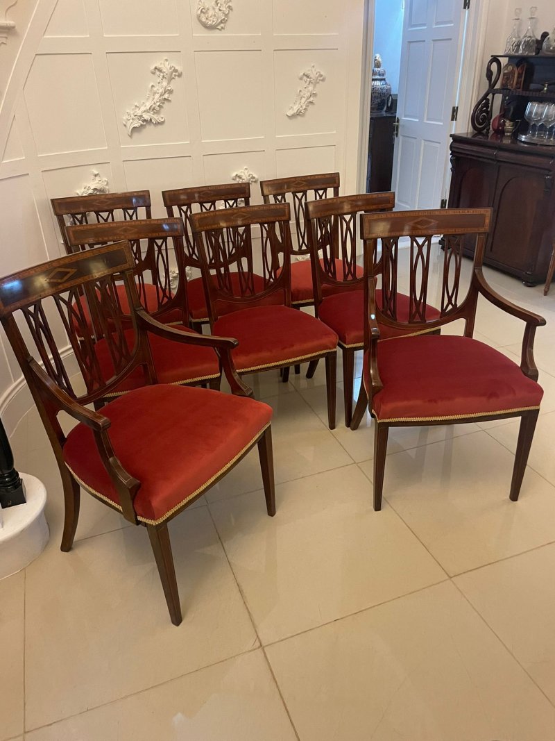 Exceptional Quality Antique Set of Eight Victorian Inlaid Carved Mahogany Dining Chairs - Image 3